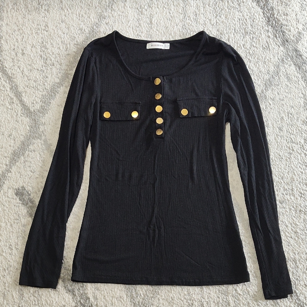 Elegant Black Long Sleeve Top with Gold Buttons, Size S